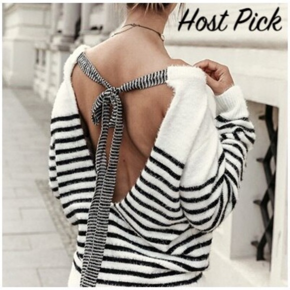 Rouge! Sweaters - Open Back Fuzzy Striped White & Black Sweater